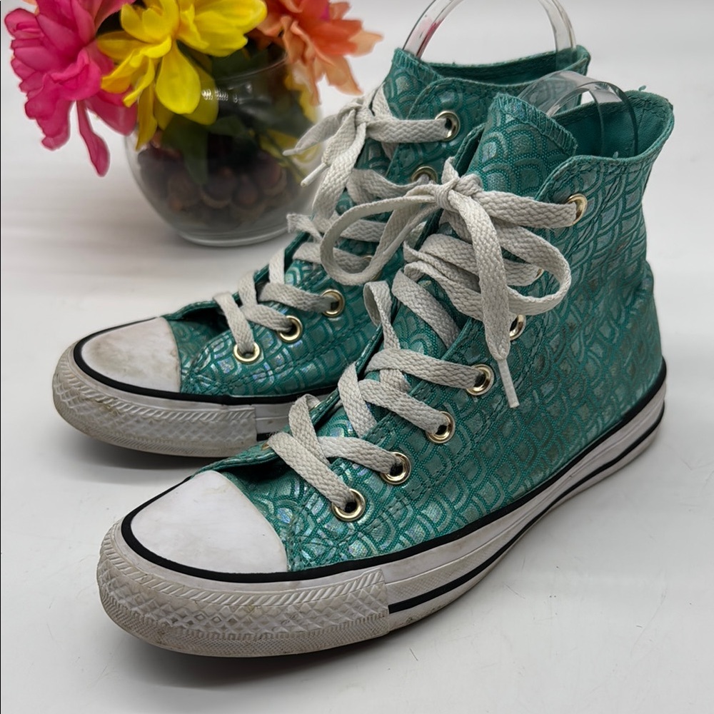 Converse Turquoise Mermaid Print High Top Textured Sneakers Size 6 CON8025